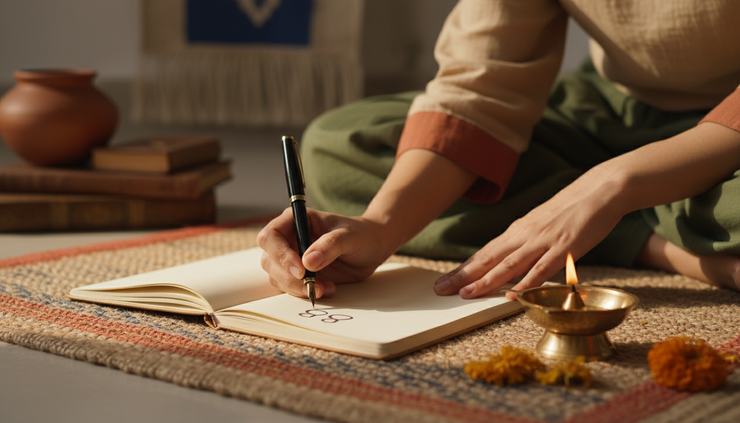 Eye-level view of a person writing the number 85 in a quiet home journal.