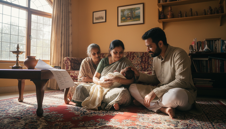 Wide-angle view of an Indian family holding a newborn during a naming preparation at home.