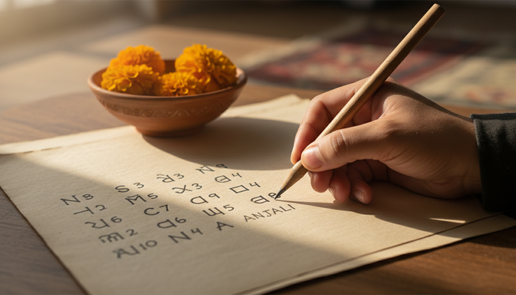 Close-up of a hand writing letter values for a name on paper