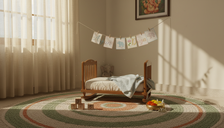 Wide-angle view of a peaceful Indian nursery with name cards and number blocks