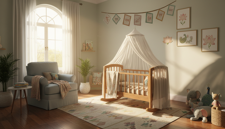 Wide-angle view of a peaceful nursery corner with name cards hanging above a cradle