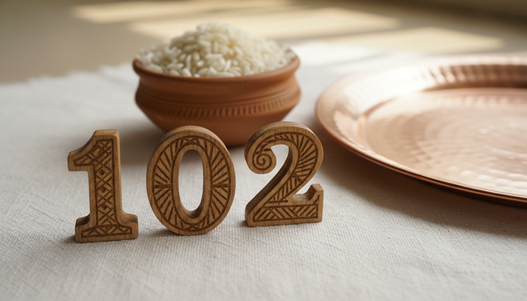 Close-up of three wooden number pieces arranged as 1, 0, and 2.