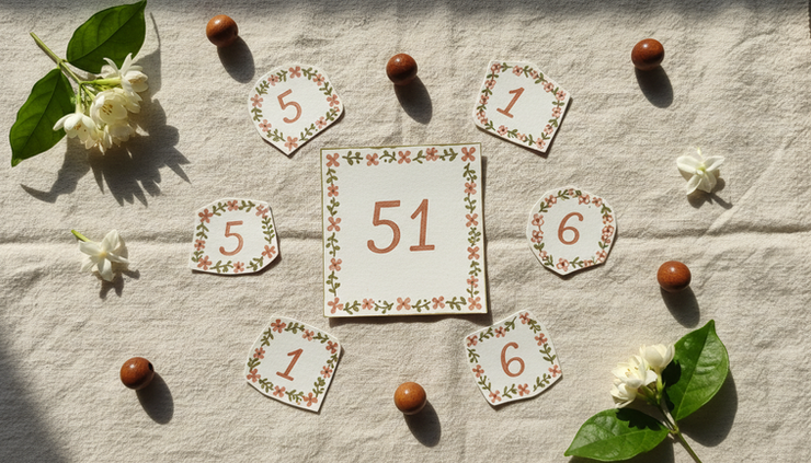 Top-down view of coloured number cards arranged around the number 51 on a cotton cloth