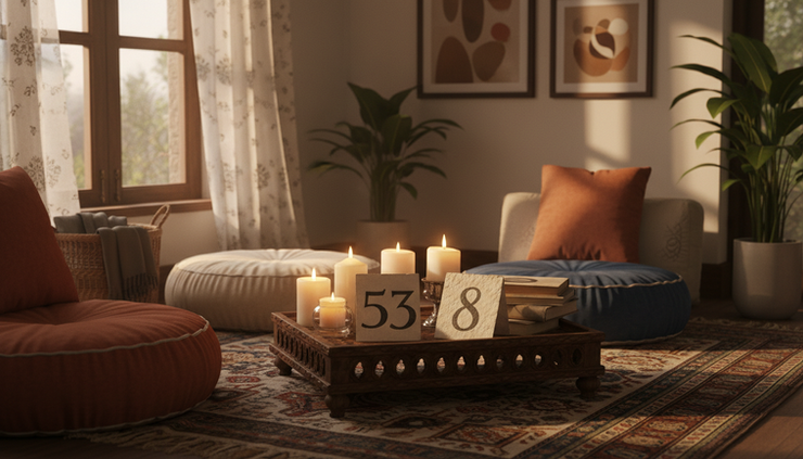 Wide-angle view of a peaceful reading corner with candles and number cards