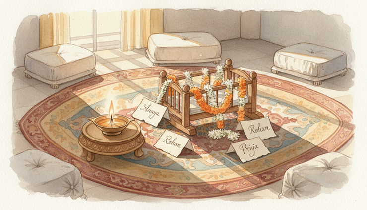 Wide-angle view of a peaceful baby naming setup with flowers and a cradle