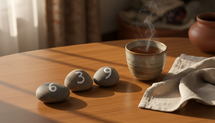 Top-down view of three small stones marked 6, 3, and 9 beside a cup of tea