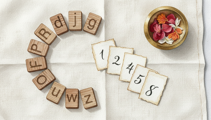 Top-down view of alphabet tiles arranged with number cards