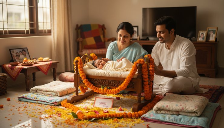 Wide-angle view of a peaceful baby naming setup with flowers, a cradle, and a handwritten name card