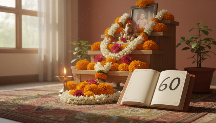Wide-angle view of a calm home altar with flowers, a notebook, and the number 60 written on paper.