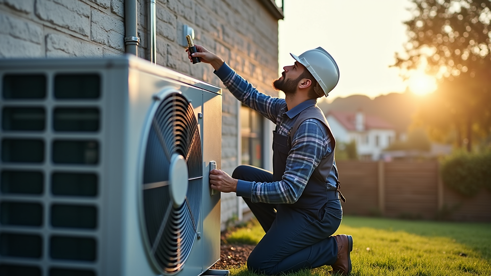 Wide angle view of a technician installing a heat pump outside a home