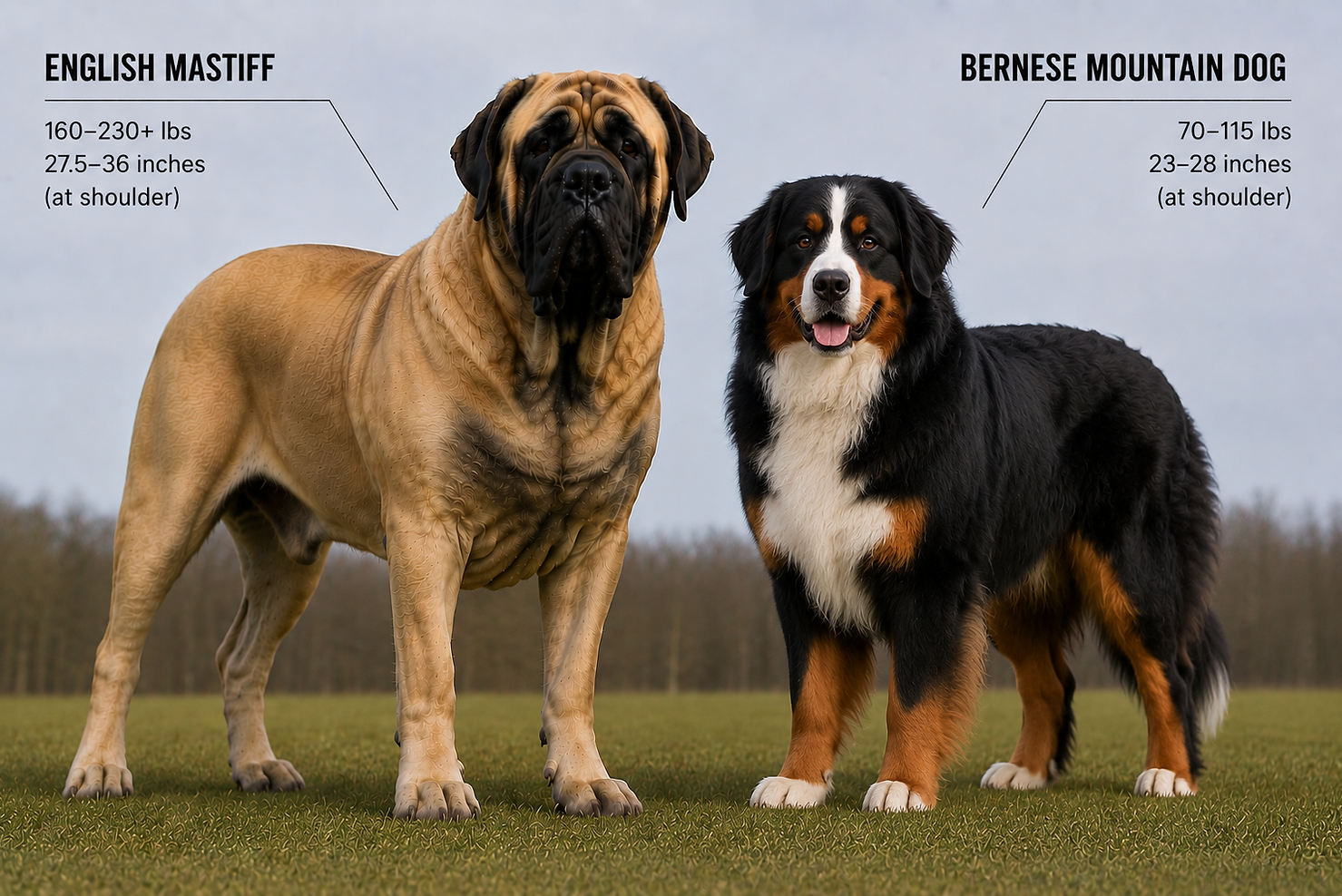 English Mastiff vs Bernese Mountain Dog comparison showing giant family dog breeds standing side by side outdoors. Realistic comparison between an English Mastiff and Bernese Mountain Dog featuring giant companion dogs, mountain dog breeds, gentle giant dogs, and family guardian breeds. Includes high-volume Bernese Mountain Dog keywords including bernese mountain dog, bernese mountain dog puppy, bernese mountain dog puppies, bernese mountain dog puppies for sale, bernese mountain dog breeders, bernese dog, bernese puppies, berner dog, bernese mountain dogs for sale, giant mountain dog, fluffy giant dog, and giant family companion dog. Also includes English Mastiff, english mastiff, english mastiffs dog, british mastiff dog, english mastiff dog breeders, giant mastiff, mastiff dog, giant family dog, calm giant dog, gentle giant breed, biggest mastiff, largest mastiff breed, and giant dog breeds keywords.