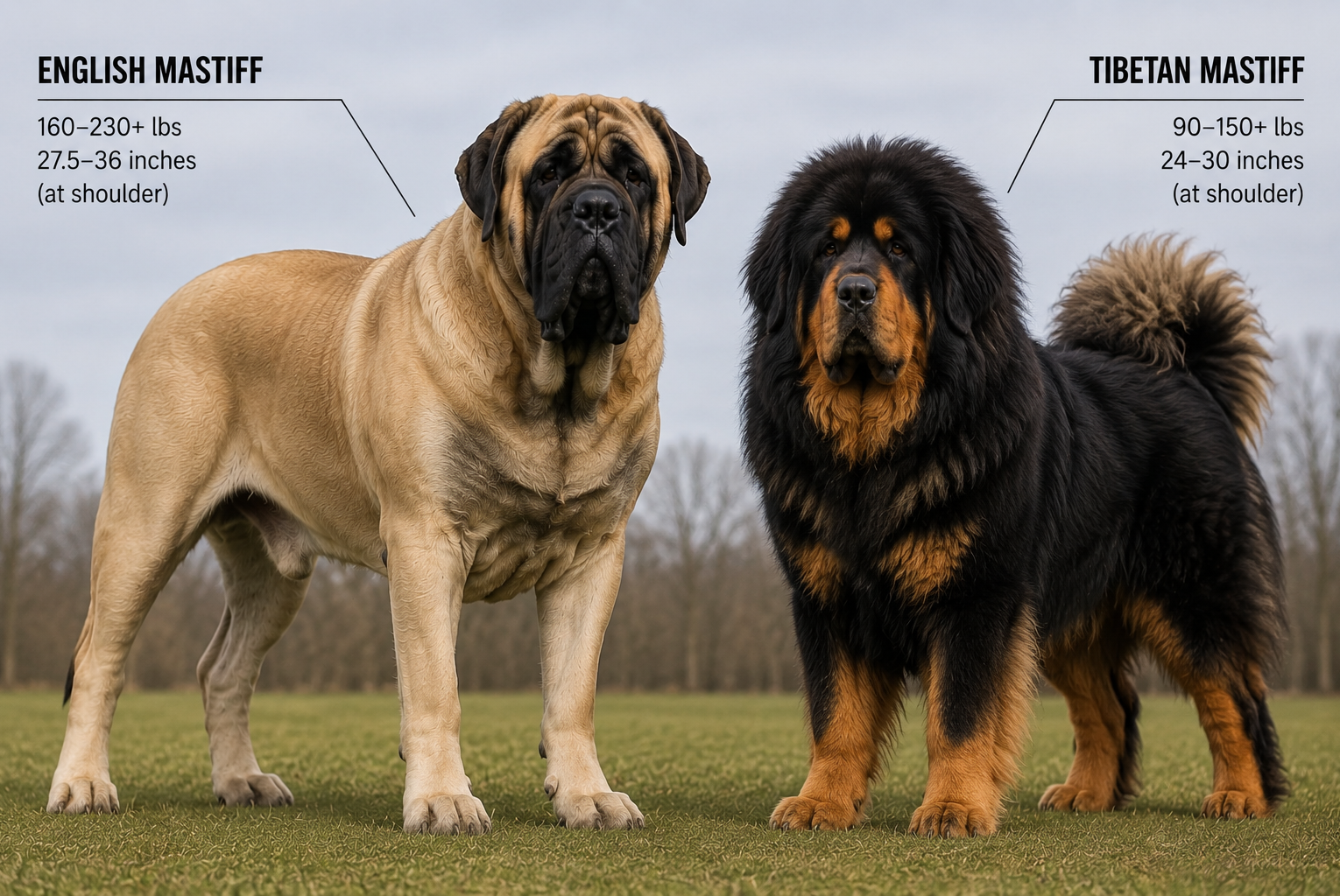 English Mastiff vs Tibetan Mastiff comparison showing giant mastiff dog breeds side by side, English Mastiff and Tibetan Mastiff size comparison, English Mastiff dog beside a Tibetan Mastiff dog with realistic height and weight differences, giant mastiff breeds, british mastiff dog, english mastiff full grown, tibetan mastiff, tib mastiff, tibetano mastiff, mastiff tibetan, dog mastiff tibetan, chinese tibetan mastiff, lion tibetan mastiff, biggest tibetan mastiff, big tibetan mastiff, large tibetan mastiff, tibetan mastiff dog breeders, tibetan mastiff for sale, tibetan mastiff puppy for sale, tibetan mastiff dog for sale, mastiff dog breeds comparison, largest mastiff breeds, the worlds biggest dog, giant guardian dogs, fluffy mastiffs, powerful mountain dog breeds, Tibetan Mastiff vs English Mastiff temperament and size comparison.