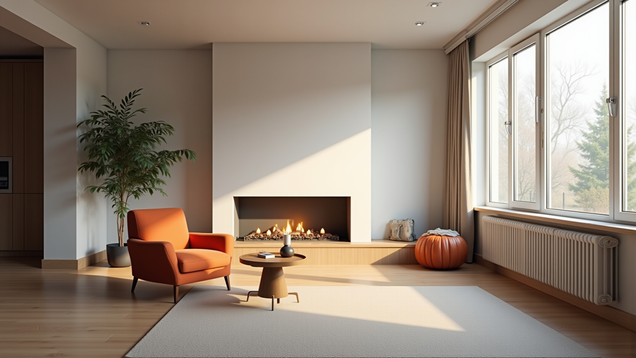 Modern living room with fireplace