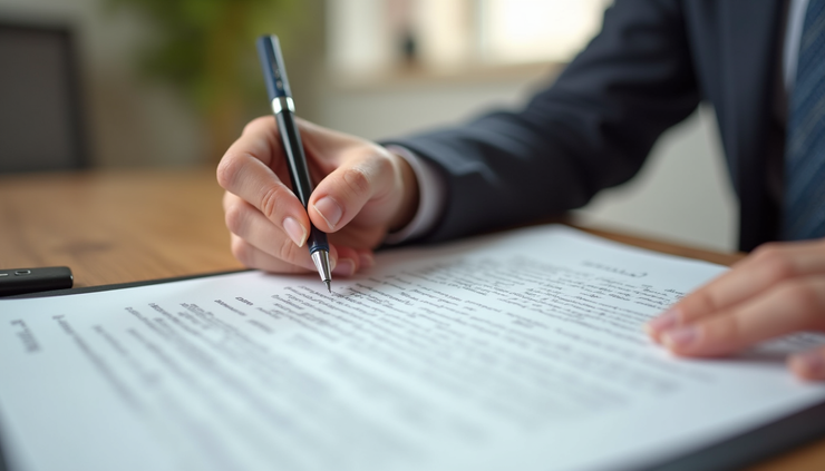 Close-up view of a contract being signed on a wooden table with a pen