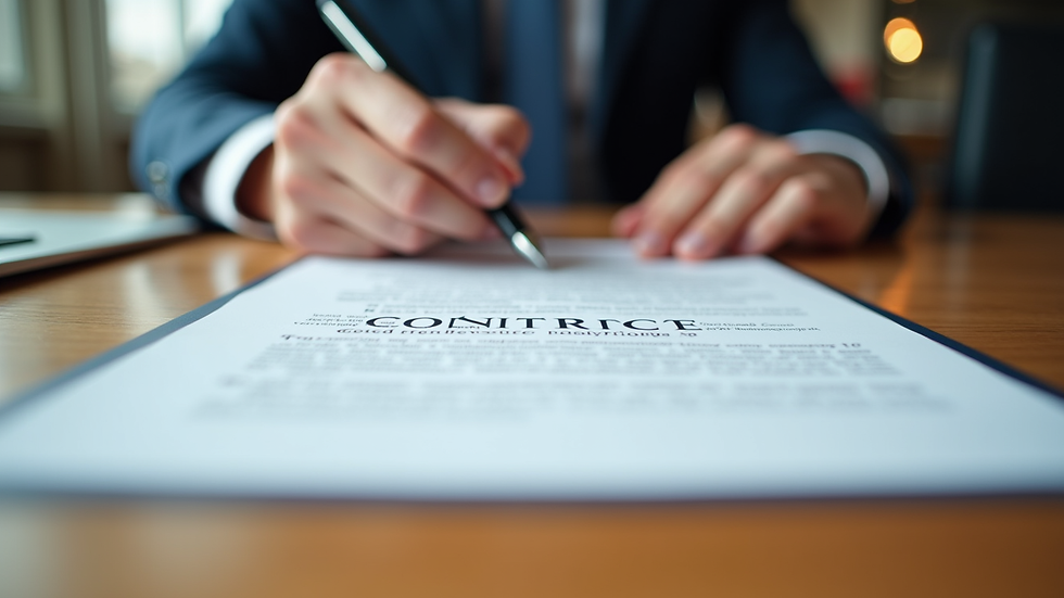 Close-up view of a contract being signed on a wooden table
