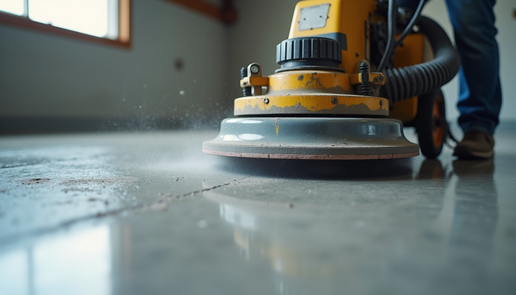 Close-up view of diamond grinding machine smoothing a concrete garage floor