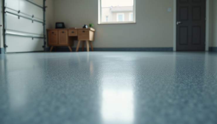 Eye-level view of a freshly coated garage floor with a smooth, glossy finish