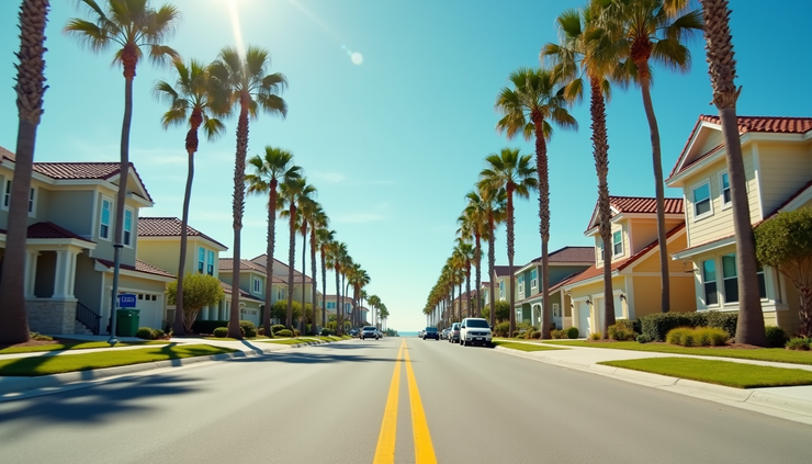 Eye-level view of a Gulf Shores residential street with homes and palm trees
