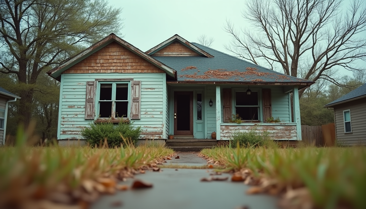 Eye-level view of a weathered house with visible storm damage in Pensacola neighborhood
