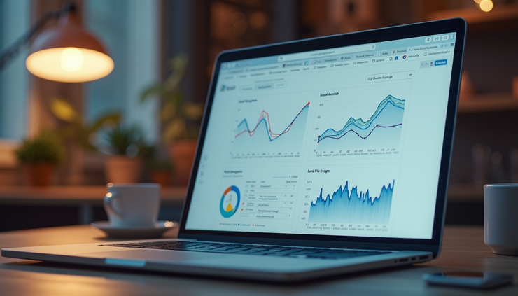 High angle view of a laptop screen showing plumbing business analytics and lead tracking data