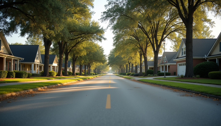 Eye-level view of a Foley, Alabama residential street with homes and greenery