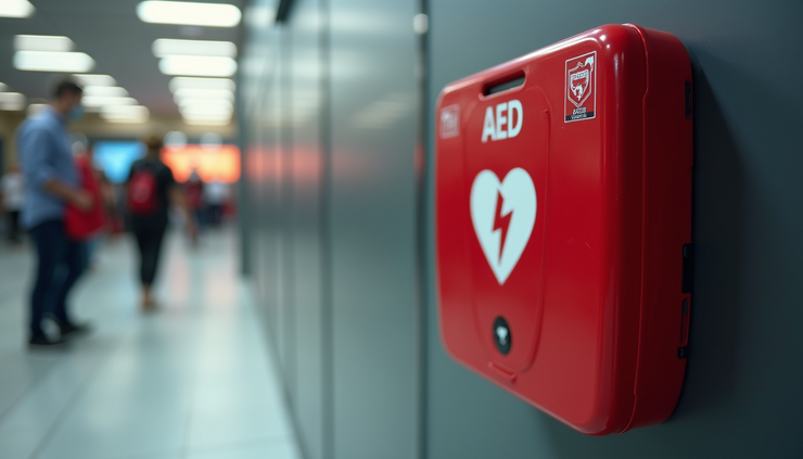 High angle view of an AED device mounted on a wall in a public place