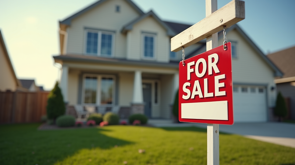 Eye-level view of a suburban house with a "For Sale" sign