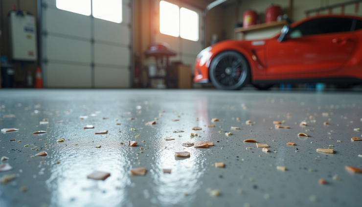 Close-up view of a polyurea-coated garage floor with decorative flakes