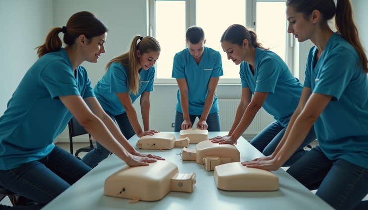 High angle view of a group of employees participating in AED and CPR training