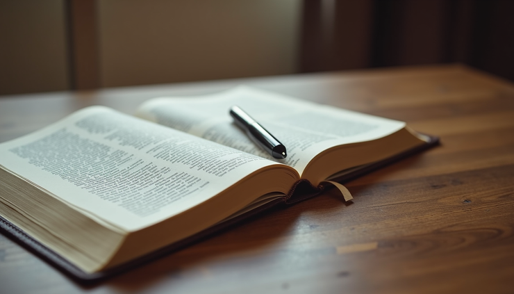 Close-up view of a Bible and journal on a wooden table