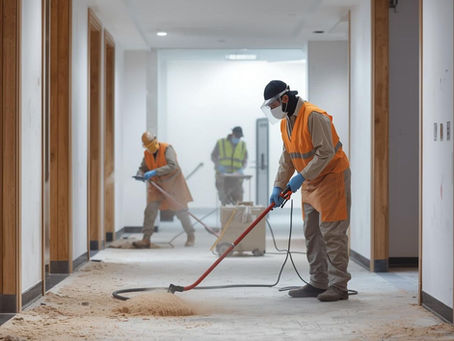 Professional team removes heavy dust in a post-construction hallway