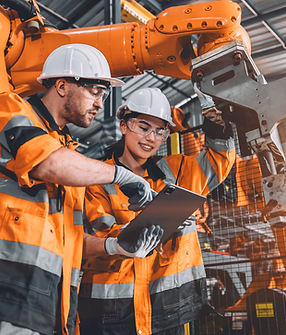 A man and women in hard hats, safety glasses, and vests look at a clipboard together in front of heavy machinery.