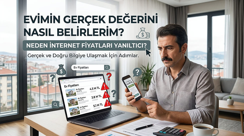 "Doğru fiyatlandırma rehberi: Deniz manzaralı evinin salonunda dizüstü bilgisayarı ve telefonu üzerinden internetteki şişirilmiş, kırmızı uyarı ikonlu ev fiyatlarını inceleyen ve 'Evimin gerçek değerini nasıl belirlerim?' sorusuna yanıt arayan düşünceli ev sahibi."