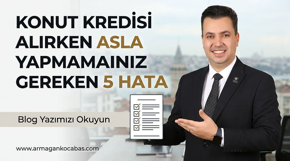 "Emlak ve finans rehberi: Arka planda tarihi İstanbul ve Galata Kulesi manzarası yer alırken, konut kredisi onay sürecinde ev alıcılarının kesinlikle uzak durması gereken 5 kritik hatayı blog okuyucularına sunan profesyonel gayrimenkul danışmanı Armağan Kocabaş."