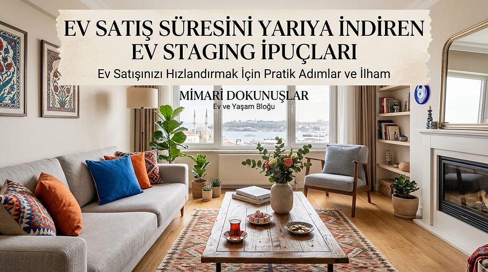 "Mimari Dokunuşlar yaşam bloğu: Arka planda Tarihi Yarımada ve İstanbul Boğazı manzarası bulunan; şömine, bitkiler, renkli yastıklar ve orta sehpada lokum eşliğinde Türk çayı ile sıcak bir atmosfer yaratılarak, ev satış süresini yarıya indiren pratik ev staging (sahneleme) örneği."