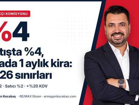 Emlakçı komisyon oranları 2026: Satışta yüzde 2 alıcı ve yüzde 2 satıcı artı KDV sınırları infografiği.