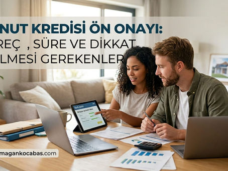Ev bilgisayarında banka portalı üzerinden konut kredisi ön onayı başvuru sürecini, oranları ve dikkat edilmesi gerekenleri araştıran çift.