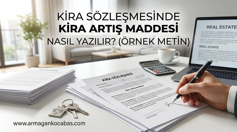 Ofis masasında bilgisayar ve hesap makinesi eşliğinde kira sözleşmesi hazırlayan gayrimenkul danışmanı ve kira artış maddesi örneği konulu rehber görseli