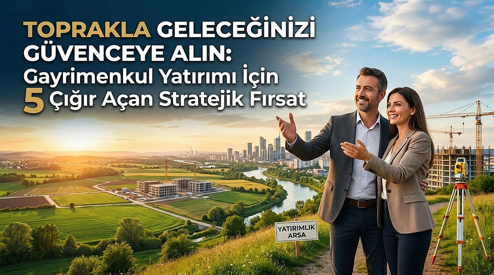 Gün batımı manzarasına karşı bir tepede duran, şık giyimli bir kadın ve erkek, uzaktaki modern şehir silüetini ve yeni inşaat projelerini izliyor. Görselin üzerinde büyük harflerle 'TOPRAKLA GELECEĞİNİZİ GÜVENCEYE ALIN: Gayrimenkul Yatırımı İçin 5 Çığır Açan Stratejik Fırsat' yazıyor. Yanlarında 'Yatırımlık Arsa' tabelası ve bir ölçüm cihazı (teodolit) bulunuyor.
