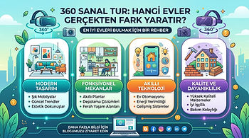 Gayrimenkul seçiminde fark yaratan özellikleri gösteren renkli bir infografik. Görselde dört ana başlık bulunmaktadır: Modern Tasarım: Şık mobilyalar ve estetik dokunuşlar. Fonksiyonel Mekanlar: Akıllı planlar ve ferah yaşam alanları. Akıllı Teknoloji: Ev otomasyonu ve enerji verimliliği. Kalite ve Dayanıklılık: Yüksek kaliteli malzemeler ve iyi işçilik. Üst kısımda "En İyi Evleri Bulmak İçin Bir Rehber" ibaresi yer almaktadır.