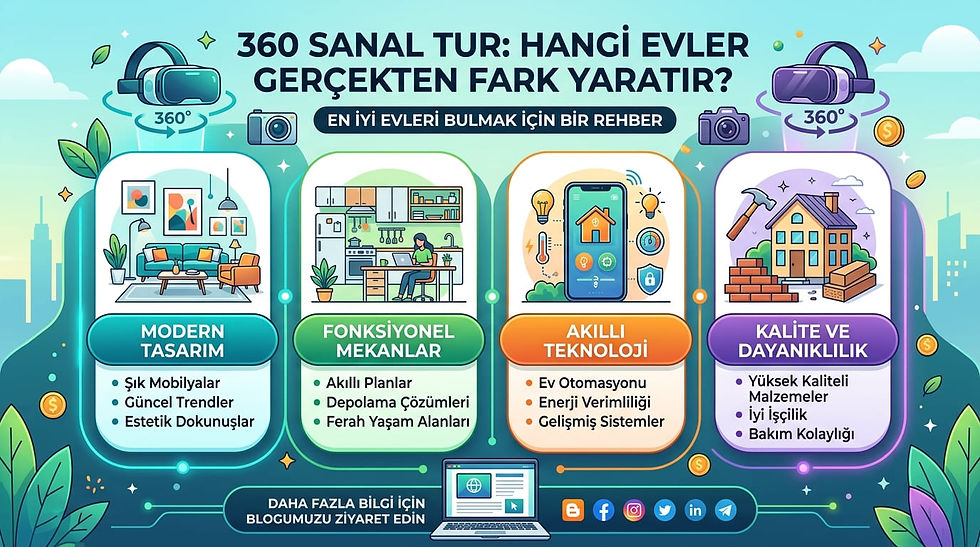 Gayrimenkul seçiminde fark yaratan özellikleri gösteren renkli bir infografik. Görselde dört ana başlık bulunmaktadır:  Modern Tasarım: Şık mobilyalar ve estetik dokunuşlar.  Fonksiyonel Mekanlar: Akıllı planlar ve ferah yaşam alanları.  Akıllı Teknoloji: Ev otomasyonu ve enerji verimliliği.  Kalite ve Dayanıklılık: Yüksek kaliteli malzemeler ve iyi işçilik. Üst kısımda "En İyi Evleri Bulmak İçin Bir Rehber" ibaresi yer almaktadır.