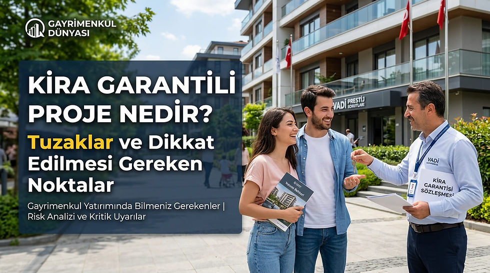 "Gayrimenkul dünyası risk analizi: Yeni projelerinin önünde emlak danışmanından anahtar teslim alan ve yatırım rehberini inceleyen mutlu genç çift ile sözleşmedeki tuzaklara ve kritik uyarılara dikkat çeken bilgilendirici görsel."