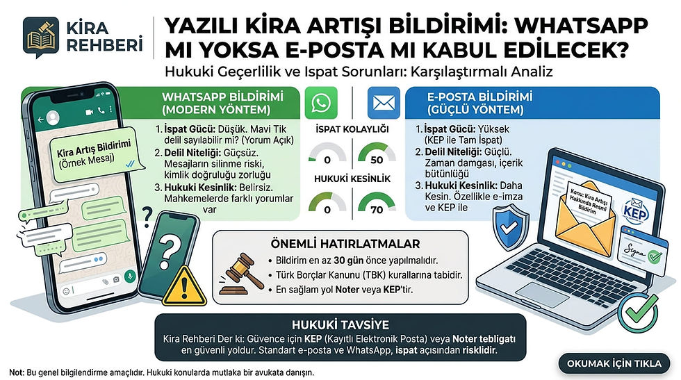 "Kira Rehberi'ne ait 'Yazılı Kira Artışı Bildirimi: WhatsApp mı yoksa E-posta mı Kabul Edilecek?' başlıklı karşılaştırmalı infografik. Görselin sol tarafında WhatsApp bildiriminin ispat gücünün düşük ve hukuki kesinliğinin belirsiz olduğu açıklanıyor. Sağ tarafında ise e-posta (özellikle KEP) bildiriminin ispat gücünün ve hukuki kesinliğinin yüksek olduğu belirtiliyor. Orta kısımda bildirimin en az 30 gün önce yapılması gerektiği ve en sağlam yolun Noter veya KEP olduğu vurgulanırken; en altta 'Güvence için KEP (Kayıtlı Elektronik Posta) veya Noter tebligatı en güvenli yoldur' şeklinde hukuki tavsiye yer alıyor."