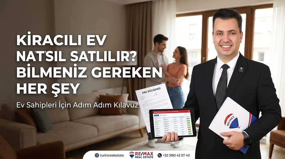 "Kiracılı gayrimenkul satış rehberi: Modern bir evin salonunda, arka planda sohbet eden çift eşliğinde, elinde 'Kira Sözleşmesi', analiz ekranı açık tablet ve RE/MAX dosyasıyla ev sahiplerine adım adım güvenli satış sürecini anlatan gayrimenkul uzmanı."