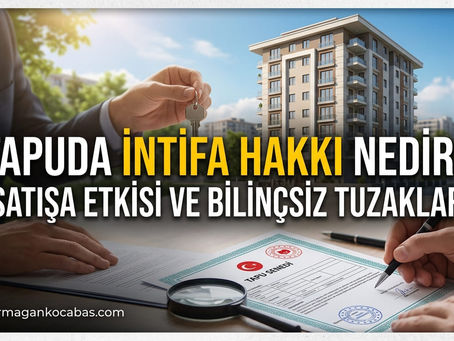 Arka planda modern bir apartman, ön planda ise ofis masasında tapu senedi imzalayan ve karşısındakine ev anahtarı uzatan kişilerin bulunduğu görsel. Görselin üzerinde büyük sarı ve beyaz harflerle "Tapuda İntifa Hakkı Nedir? Satışa Etkisi ve Bilinçsiz Tuzaklar" ile alt kısımda armagankocabas.com web adresi yazıyor.