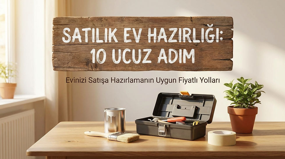 Ahşap bir masa üzerinde boya kutusu, fırça, açık bir takım çantası, maskeleme bandı ve saksıda küçük bir bitki bulunuyor. Üst kısımda, ahşap bir tabela görünümü üzerine beyaz renkte "Satılık Ev Hazırlığı: 10 Ucuz Adım" ve hemen altında "Evinizi Satışa Hazırlamanın Uygun Fiyatlı Yolları" yazıyor.
