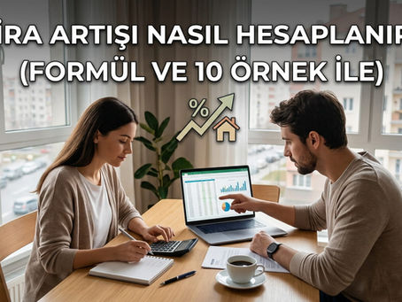 Bilgisayar ve hesap makinesi kullanarak ev kira zammı hesaplayan çift ve 'Kira artışı nasıl hesaplanır?' başlıklı içerik kapağı.