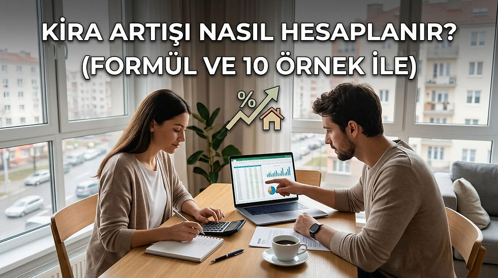 Bilgisayar ve hesap makinesi kullanarak ev kira zammı hesaplayan çift ve 'Kira artışı nasıl hesaplanır?' başlıklı içerik kapağı.