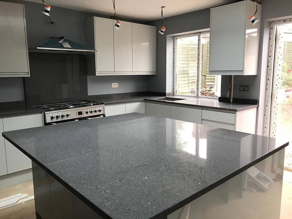 Thumbnail: Calcutta gold quartz kitchen worktops and stone full splash back, we also do tou