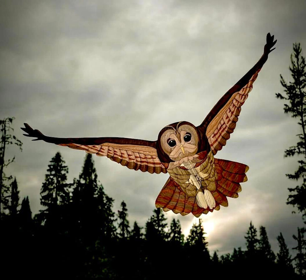 Thumbnail: Tawny Owl in Flight Intarsia Wood Art Decor